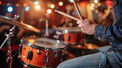   A tight shot of a person gripping a drumstick in front of a clear drum set against a blurred backdrop