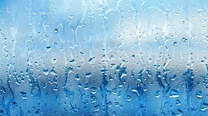   A tight shot of a rain- specked window pane, behind it, a blue backdrop of sky