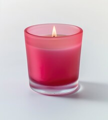 A pink candle is lit in a glass container