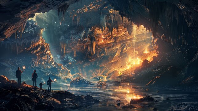 Craft an image depicting men exploring a hidden paradise cave