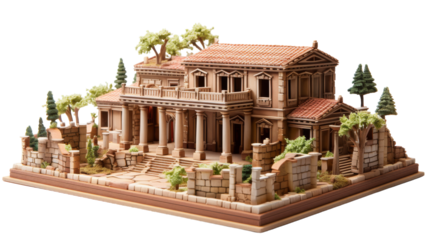 Detailed model of house surrounded by trees and bushes in a serene setting on transparent background