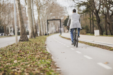 Fototapeta premium Man Riding Bicycle Down Tree-Lined Cycle Lane