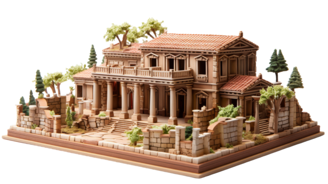 Detailed model of house surrounded by trees and bushes in a serene setting on transparent background