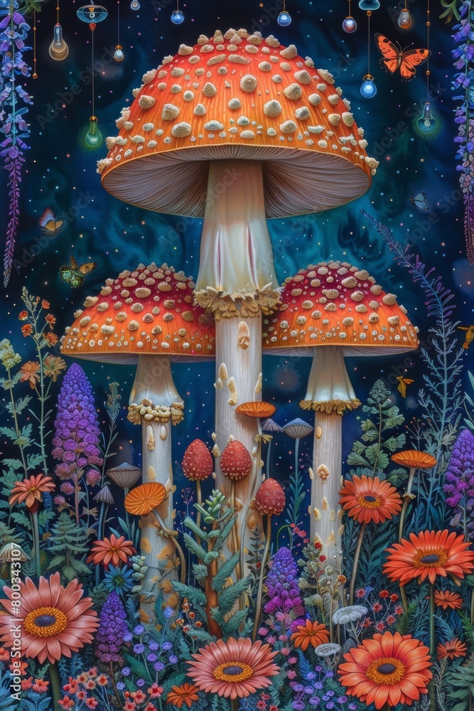Wall mural A painting of a group of mushrooms in the middle of flowers, AI - Wall murals