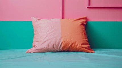   A close-up of a pillow on a bed against a pink-blue wall backdrop
