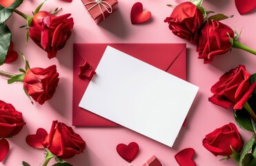 Valentines Day background with red roses, hearts and gift boxes on pink background with blank white card