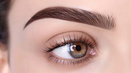 Obraz premium A tight shot of an eye, adorned with long lashes Brown eyeliner frames the gaze, accompanied by a defining black circle