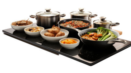 A black tray holds an array of pots and pans filled with delectable food on transparent background