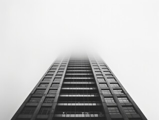 White and grey photo of a tall building in fog,