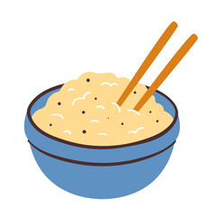 Asian food icon. Rice bowl with chopsticks drawing. Hand-drawn vector icon.