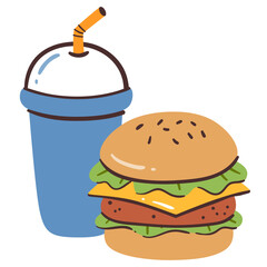 Fast food icon. Burger and soda. Hand-drawn vector icon.