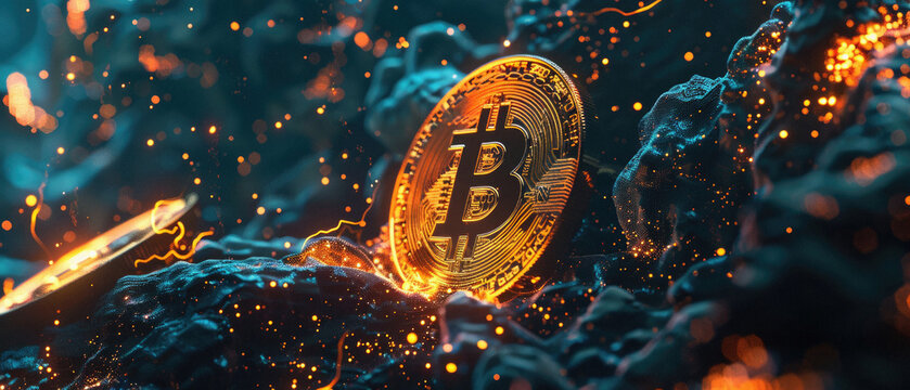 Bitcoin crypto currency gold coins as digital cryptocurrency symbol stock financial exchange business market trade charts. Btc blockchain future payments, investment technology background .