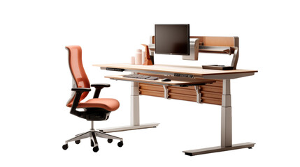 A computer desk with a chair and a monitor in a modern home office setup on transparent background