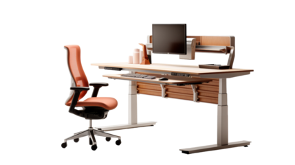 A computer desk with a chair and a monitor in a modern home office setup on transparent background