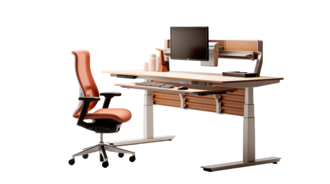 A computer desk with a chair and a monitor in a modern home office setup on transparent background