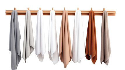 Colorful towels in various hues hang from a wooden rack, swaying gently in the air on transparent background
