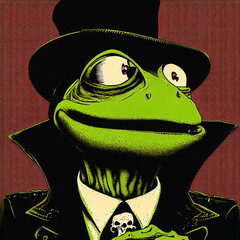 Kermit the frog as nosferatu in society 1989, highly dcentered, Ai generated illustration