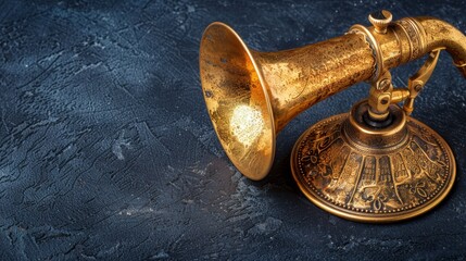   An antique brass phonograph against a blue backdrop with three black backgrounds, the last one featuring a golden toned finish