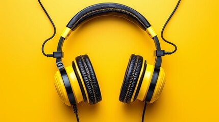   Yellow headphones with black cord against a yellow background The headphones are yellow with black earpads and a black cord lies atop them
