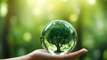 The tree is in a clear glass ball and growing tree in human hand, he concept of loving the world and preserving the environment, conserve energy and prevent nature from being destroyed.