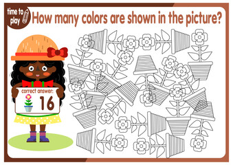 Count how many flowers are hidden in the picture. How many objects are there in the picture? Educational game for children. Colorful cartoon characters. Funny vector illustration.