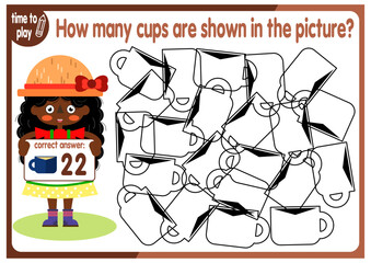 Count how many cups are hidden in the picture. How many objects are there in the picture? Educational game for children. Colorful cartoon characters. Funny vector illustration.