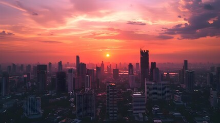 Fototapeta premium Captivating Cityscape Silhouettes Against Vibrant Twilight Skyline in Bangkok,Thailand