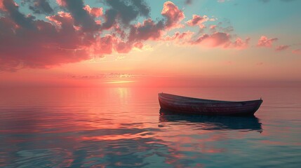 Craft an image depicting paradise where one person floats on calm waters in a small boat