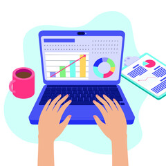 Analyzing Data on a Laptop with Coffee and Documents.