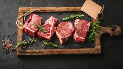 Assorted meat cuts in butcher shop or supermarket, empty price tags, wide banner for copy space