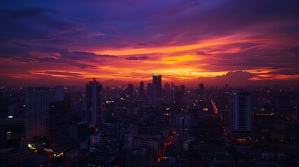 Dramatic Twilight Skyline of Bustling Bangkok Metropolis Silhouetted Against Vibrant Orange and