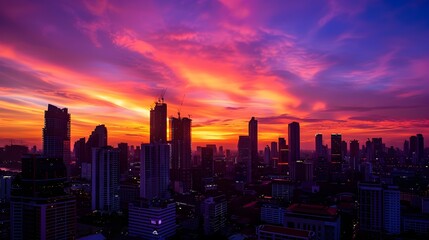 Fototapeta premium Dramatic Cityscape with Vibrant Sunset Over Bangkok Skyline