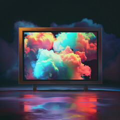 A television set with an abstract, colorful cloud design on the screen, floating in midair. The background is dark and minimalistic to highlight the vivid colors of the artwork inside the frame. 