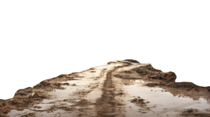 A dirt road stretching into the distance under a white sky on transparent background