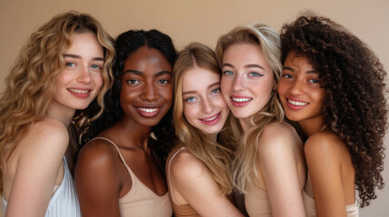 Obraz premium Diverse women group, different multiethnic girls models standing together on background looking at camera advertising beauty cosmetic skin care products. Aesthetic portrait.