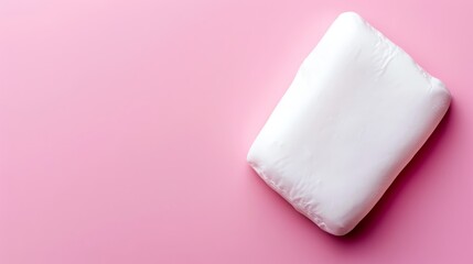   A single pillow on a pink background with two white pillows underneath