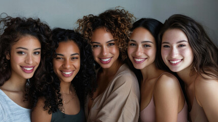 Fototapeta premium Diverse women group, different multiethnic girls models standing together on background looking at camera advertising beauty cosmetic skin care products. Aesthetic portrait.
