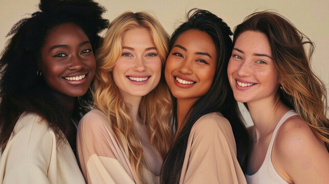 Diverse women group, different multiethnic girls models standing together on background looking at camera advertising beauty cosmetic skin care products. Aesthetic portrait.