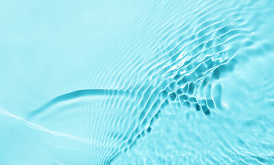 Trendy summer nature banner. Defocused liquid colored clear water surface texture with splashes...