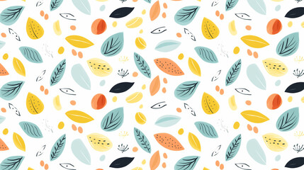 Colorful seamless vector pattern with abstract leaves and geometric shapes.