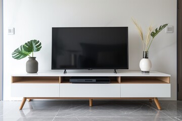 Minimalist tv stand with clean lines housing a flatscreen, flanked by decorative vases and greenery