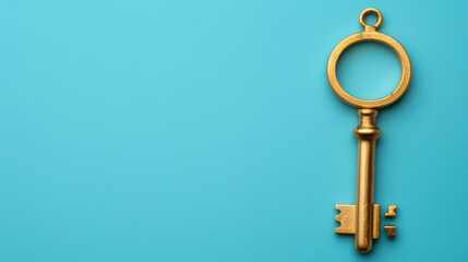   A golden key against a blue backdrop, reflecting in its keyhole