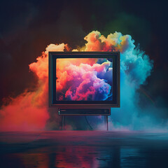 A television set with an abstract, colorful cloud design on the screen, floating in midair. The background is dark and minimalistic to highlight the vivid colors of the artwork inside the frame. 