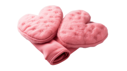 A whimsical pair of pink heart shaped oven mitts, ready to handle hot pots and pans in the kitchen on transparent background