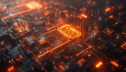 An illustration of a computer chip with glowing orange highlights. The chip is in focus. The background is dark.