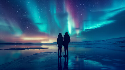 Romantic Couple Embracing under aurora light on the Beach, Family summer vacation, Outdoor Adventures, Landscape Silhouette, background,