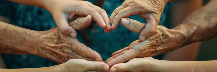 Multiple generations hands creating a heart shape together, representing love, family, care, and unity across ages