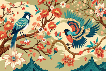 Obraz premium A colorful painting of two birds on a branch with flowers in the background