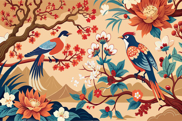 Obraz premium Two birds are perched on a branch in a lush green forest