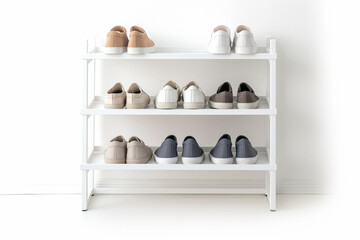 Minimalist white shoe rack displaying a neatly organized collection of various shoes against a clean background